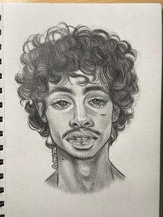 a pencil drawing of a man with curly hair and piercings on his face,