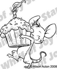 a cartoon drawing of a mouse holding a cupcake with popcorn in it's mouth