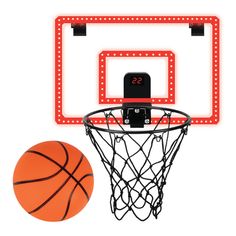 an image of a basketball going through the hoop with light up lights on it's backboard