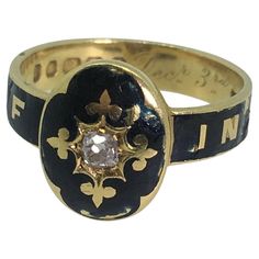 Although Mourning Jewelry has a long & fascinating history, going back to as far as Middle Ages, its popularity reached its peak during the reign of Queen Victoria (1837 - 1901). ~ This extraordinary piece is a Mourning (Memorial) Ring, dating back to Victorian period - circa 1884 yet it's in beautiful condition Of English provenance, it's meticulously crafted in 18K Yellow Gold, decorated in black enamel & adorned with a 0.20ct old-European cut diamond, of cushion shape & good colour & clarity set within the starburst gold frame, surrounded by the most intricate fleur-de-lis pattern, signifying perfection, light and life... ~ The piece is bearing hallmarks: Maker’s mark - T.E. Crown (for gold) 18 (fineness) Leopard’s head (London Assay Office) Letter date - t (c1884) Bearing letters: In M Luxury Vintage Rings For Memorials, Sunburst Ring, Quiet Beauty, Memorial Ring, Old Rings, Victorian Rings, Custom Ring Designs, European Cut Diamonds, Victorian Jewelry