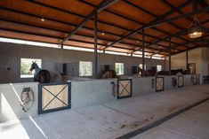 the inside of a stable with horses in stalls on either side and doors open to let in light