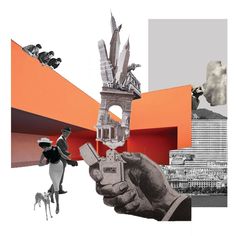 a collage of images with people and buildings in the background, including a hand holding a cell phone