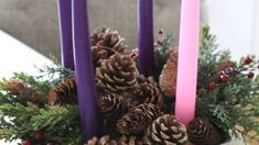 some pine cones and purple candles are in a bowl