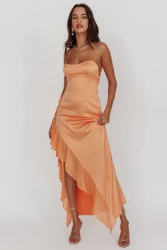 Katarina Satin Ruffle Hem Maxi Dress Mango Pink Dress Shoes, Orange Bridesmaid, Selfie Leslie, Brunch Dress, Shoes Model, Romantic Night, Satin Maxi, Iron Material, Date Night Dresses