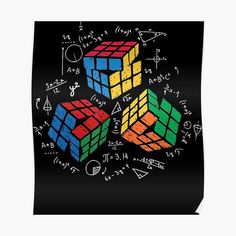 two colorful rubik cubes on a black background surrounded by math symbols and numbers