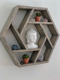 a shelf that has some plants on it and a buddha head in the middle with succulents