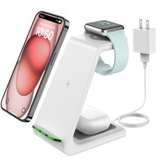 an apple watch and charger are shown next to each other with the charging dock attached