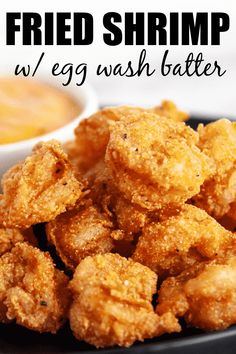 Fried shrimp piled on plate next to yellow dipping sauce Best Fried Shrimp Batter, Shrimp Batter With Flour, Homemade Fried Shrimp, Batter For Shrimp Deep Frying, Deep Fried Shrimp Batter, Wet Batter For Frying, Fresco Melt, Shrimp Batter Recipe, Fried Shrimp Batter Recipes