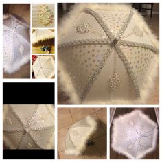 several pictures of an umbrella that has been decorated with pearls and sequins on it