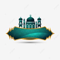 an islamic mosque logo with a green banner and gold border, arabic, architecture png and psd