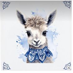 a painting of a llama wearing a blue bandanna