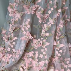 "3d butterfly applique on tulle lace, pink butterfly with Multi-colored gold thread, one-sided scallop edge, soft off white tulle fabric Listing is for one yard. Width approx: 55.1\" (140 cm) The embroidery part about: 27.5\" (70cm) The Tulle part about: 27.5\" (70cm) Use for dress supplies, costume fabric, dresses, gift package, bags decoration, party dress, curtains, skirt bottoming, home decor and other projects you could imagine. For more quantity, please feel free to convo me for custom lis White Tulle Fabric, Prom Dress Couture, Colored Wedding Dress, Butterfly Applique, Butterfly Lace, 3d Butterfly, 3d Butterflies, Etsy Wedding Dress, White Tulle