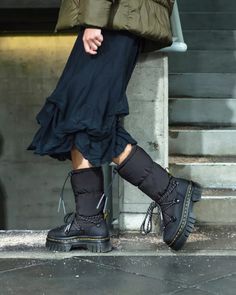 Audrick Hi Puffer Boots in Black | Dr. Martens Chunky Boot Outfits, Chunky Boot Outfit, Dr Martens Audrick, Puffer Boots, Platform Shoes Sandals, Boot Outfits, Kids Winter Boots, Black Dr Martens, Maximalist Design