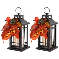 two lanterns decorated with autumn leaves and berries are shown side by side on white background