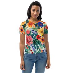 Get to know your new favorite tee—it's super smooth, super comfortable, and made from a cotton touch polyester jersey that won't fade after washing, now offering FREE SHIPPING to the US, Canada, EU, and UK! The artwork This artwork is a vibrant celebration of Spanish flowers, featuring an array of blooming flora native to the Iberian Peninsula. The painting is bursting with colors—rich oranges, deep reds, sunny yellows, and striking blues, all harmoniously blended amidst lush green foliage. Each Spanish Flowers, Workspace Essentials, Iberian Peninsula, French Collection, Love Rainbow, Green Foliage, Spring Collection, Love Is All, Laptop Sleeves