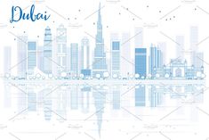 a city skyline with the name dubai in blue and white - buildings / architecture conceptual