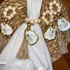 a basket with some white and gold items in it