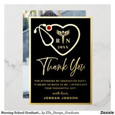 a black and gold thank you card with a stethoscope in the shape of a heart