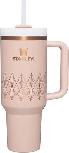 a pink coffee cup with a white lid and gold trim on the bottom is shown in front of a white background