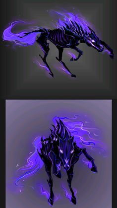 two different images of an animal in purple and black