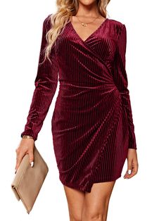 PRICES MAY VARY. 👛👛S=4-6, M=8-10，L=12-14，XL=16-18.Wanna feature at the cocktail party? You'd look Sexy AF in our long sleeve Velvet wrap high low dress! The new velvet material is soft and sparkly to wear, be out of the ordinary when wearing our deep v-neck semi formal velvet dress! 👛👛This little sexy ruched dress has it all. This homecoming velvet dress features a classic wrap neckline, breezy full-length sleeves with elastic cuffs, and a waist reduced with a side zip to snatch the middle ( Hoco Party, Club Mini Dress, Engagement Photo Dress, Trendy Christmas Outfits, Velvet Cocktail Dress, New Years Eve Dresses, Christmas Party Dress, Mini Velvet Dress, Party Wear Dresses