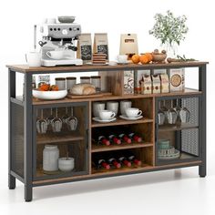 an image of a coffee bar with various items on the shelves and in front of it