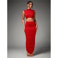 -Item Id 27807790 -Color: Red -Style: Elegant -Pattern Type: Plain -Details: Ruched, Split -Skirts Length: Long -Tops Length: Crop -Neckline: Stand Collar -Skirts & Tops Material: Knitted Fabric -Top Type: Camisole -Skirts & Tops Composition: 94% Polyester, 6% Elastane -Bottom Type: Skirt -Lined For Added Warmth: No -Fit Type: Slim Fit -Fabric: Medium Stretch -Care Instructions: Machine Wash Or Professional Dry Clean -Sheer: No **Open To Offers!!!** **Bundle To Save More** **30% Off Bundles Of 2 Solid Two-piece Party Dresses, Stretch Two-piece Mini Skirt For Party, Chic Sleeveless Party Skirt Set, Chic Sleeveless Skirt Set For Party, Elegant Two-piece Mini Skirt For Party, High Waist Party Skirt, Red Evening Skirt For Party Season, Fitted Two-piece Skirt For Party, Fitted Red Skirt For Party Season