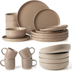 a set of beige dishes and cups on a white background