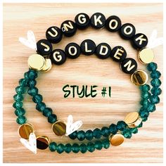 "2 bracelets \"Jungkook\" and \"Golden\" with green and gold beads. **2 STYLES AVAILABLE** Please indicate which STYLE under personalization. Bracelets are made to order.  More colors and style available.  Please message me for custom orders. Sizes available for adults and kids.  ^^adult bracelet measure at 6.5-7 inches^^ ^^child bracelet measure at 4.5-5 inches^^" Customizable Green Beaded Bracelets, Customized Gold Beaded Bracelets, Customized Trendy Green Jewelry, Customized Adjustable Green Name Bracelet, Customized Adjustable Green Beaded Bracelets, Trendy Personalized Green Bracelets, Personalized Green Trendy Bracelets, Trendy Customizable Green Jewelry, Customized Green Round Bead Jewelry