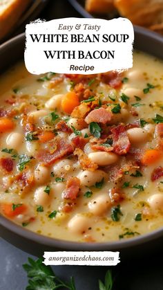 Bean Soup With Bacon, White Bean Sausage Soup, Bean Soup Crockpot, Bean And Sausage Soup, Bacon Soup Recipes, Bean And Bacon Soup, Soup With Bacon, White Bean Recipes, White Bean Soup Recipes