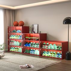 a living room filled with lots of colorful shoes