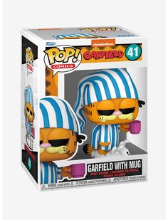 the garfield cat pop vinyl figure is in a box with its head turned to look like it