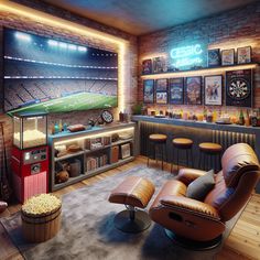 Immerse in this cozy man cave with a brick wall-mounted TV, a comfy leather recliner, and an inviting mini bar. Enjoy games of billiards, darts, or delve into a vast collection of movies, games, books, and vintage sports items. #mancave #homedecor #entertainmentroom #gameroom #vintagecollection #sportsmemorabilia Sports Bar In House, Vintage Sports Basement, Garage To Game Room, Man Cave And Office Combo, Comfy Game Room, Small Room Man Cave, Man Cave Sports Room, Small Man Cave Ideas