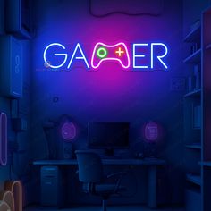 a neon sign that reads gazer next to a computer desk