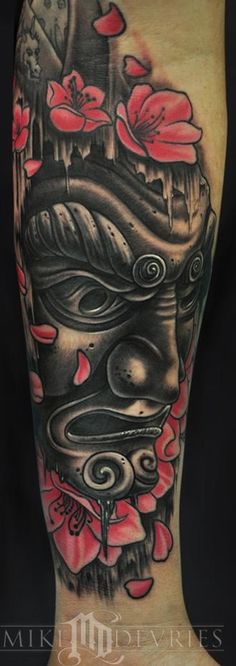 Japanese Mask Tattoo Japanese Sleeve Tattoo, Japanese Mask Tattoo, Japanese Tattoos For Men, Mask Tattoo, Japanese Warrior, Japanese Sleeve, Blossom Tattoo, Warrior Tattoo, Cherry Blossom Tattoo