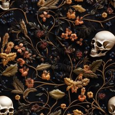 there is a skull and flowers on this wallpaper with leaves, berries, and skulls