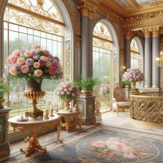 a large room filled with lots of furniture and flowers