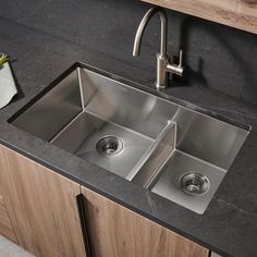 The Urbana collection features our newest innovation in double bowl sink design. The middle divider between the two bowls sits 4 inches below the top of the sink. This low divide feature gives you the convenience of a divided sink, along with the spaciousness of a single bowl sink. You can wash large pots or cookie sheets with ease. Color: Brushed Stainless Steel. Undermount Kitchen Sinks Double Stainless Steel, Ruvati Sink, Double Sink Kitchen, Corner Kitchen Sink, Stainless Steel Double Bowl Kitchen Sink, Kitchen Details, Double Bowl Kitchen Sink, Single Bowl Sink, Bowl Kitchen Sink