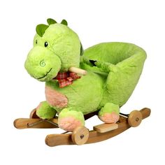 a green stuffed animal sitting on top of a wooden rocking horse with a bow tie around its neck