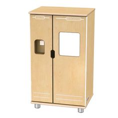 a wooden storage cabinet with two doors and an open door on one side, in front of a white background