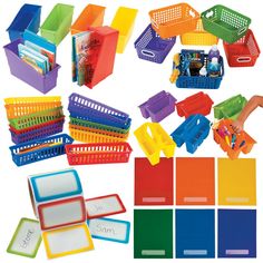 several different colored bins with handles and dividers