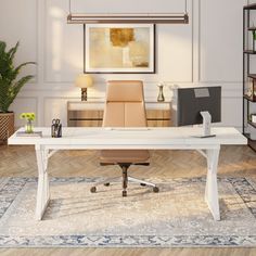 an office with a desk, chair and bookshelf