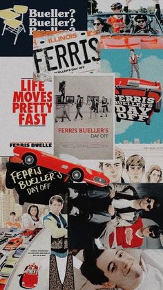 a collage of photos with people and cars on them, including an advertisement for ferris's day off