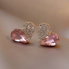 Pink & Silver Heart Stud Earrings - Silver Pear Simulated Morganite Super Cute Earring Accessories, Sweet Accessories, Sweet Earrings, Korean Jewelry, Heart Shaped Earrings, Classy Jewelry, Fancy Jewellery, Girls Sweet, Rhinestone Heart