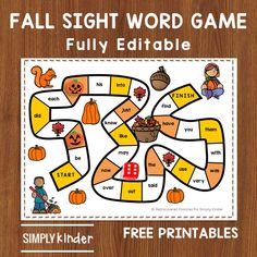 a fall sight word game with pumpkins, leaves and other items on the board