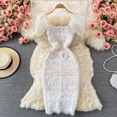 Square Neck Puff Sleeves Slim High-End Lace Women's Dress – Harmony Gallery Evening Midi Dress, White Lace Dress, Lace Bodycon, Lace White Dress, Bodycon Mini Dress, Neck Designs, Puff Sleeves, Sheath Dress, Square Neck