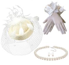 PRICES MAY VARY. The tea party fascinator set includes 1 fascinator hat, 1 imitation pearl necklace, 1 pair of lace gloves and 1 pair of pearl pendant earrings The fascinator headband is one size fits all with hair clip and headband; Stretchy lace gloves; Imitation pearl necklace length: 16", extension chain length: 2", size of per pearl is 8mm. Material: Derby hat fascinator: Polyester, feather and mesh veil; Lace gloves: Polyester and lace; Necklace and earrings: Imitation pearls and alloy. El Elegant Winter Adjustable Fascinator, Elegant Winter Party Costume Accessories, Elegant Mini Hats For Wedding And Holiday, Elegant Adjustable Costume Accessories For Party, Elegant Fitted Winter Costume Accessories, Elegant Adjustable Fascinator As A Gift, Elegant Spring Mini Hats As Gifts, Elegant Spring Mini Hats For Gifts, Fascinator Veil