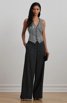 A wide-leg silhouette defines these cotton-blend twill pants patterned in classic stripesfor an ultrasophisticated look. Zip fly with button-tab closure Side-seam pockets; back welt pockets 53% cotton, 31% modal, 16% nylon Hand wash, line dry Imported Elegant Formal Pants With Vertical Stripes, Elegant Vertical Striped Pants For Formal Occasions, Elegant Striped Formal Pants, Formal Wide Leg Pants With Vertical Stripes, Formal Pinstripe Wide Leg Pants, Elegant Striped Wide-leg Pants, Elegant Wide Leg Trousers With Vertical Stripes, Elegant Wide Leg Pants With Vertical Stripes, Elegant Pinstripe Wide Leg Pants For Spring