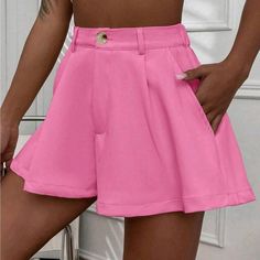 Pinkfrenchy Womens Shorts With Pockets Woven Fabric 100% Polyester Trendy Solid Color Shorts For Spring, Trendy Solid Color Spring Shorts, Solid Color Summer Workwear Shorts, Solid Color Workwear Shorts For Summer, High-waisted Solid Color Shorts For Work, High-waisted Shorts For Work, Solid Color Shorts For Day Out In Spring, High Waist Solid Color Shorts For Day Out, Spring Pink Shorts