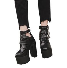 Take the plunge into the darker side of fashion with these gothic-inspired black pu leather & rubber women's buckles ankle strap high heels. perfect for adding a bit of edge to any outfit, these shoes will make you stand out from the crowd! Strap High Heels, Ankle Strap High Heels, Wedges Style, Leg Work, Fashion Sandals, Womens Wedges, High Heel Boots, Gothic Fashion, Shoes Women Heels